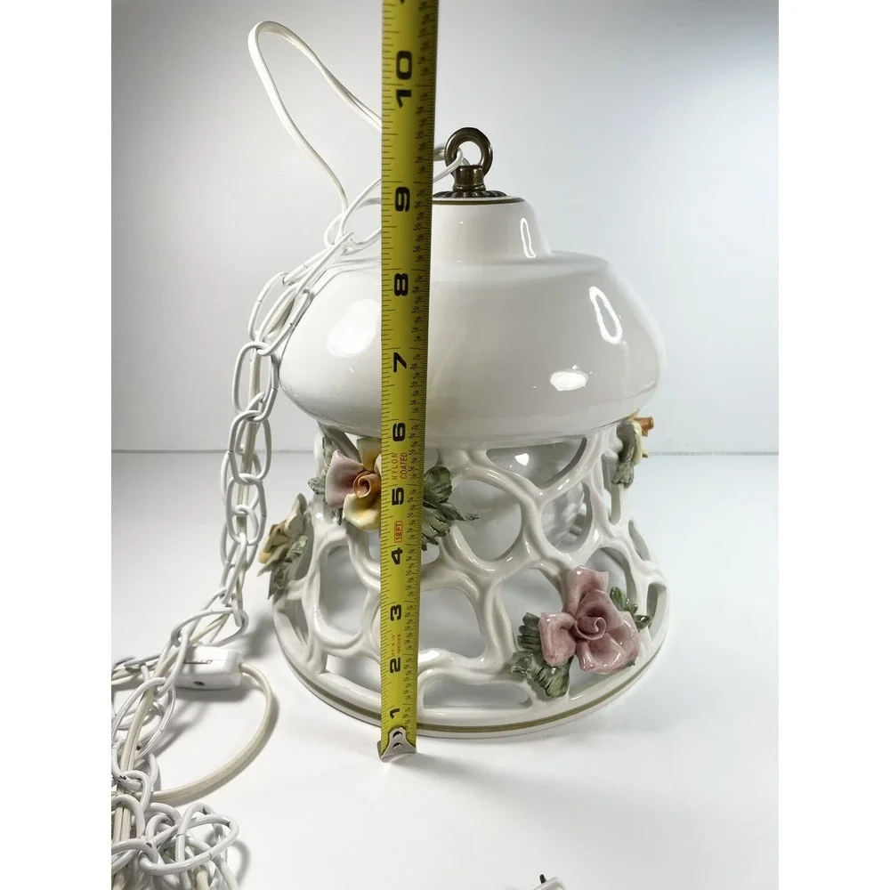 Vintage M. Moretto‎ Porcelain Made In Italy White Lace Rose Hanging Light